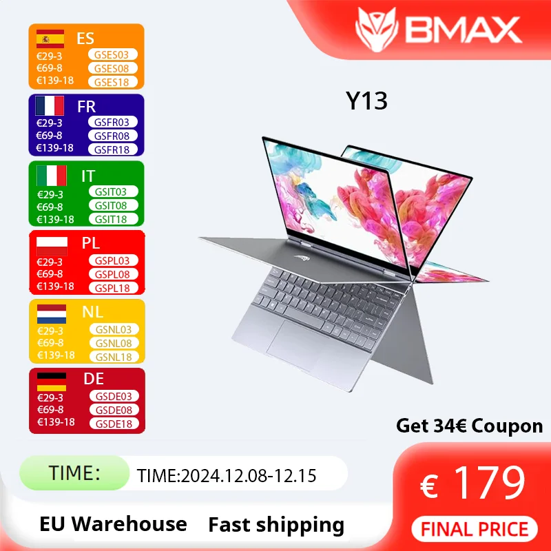 VAT FREE BMAX Y13 360°13.3 inch Notebook Windows11 Laptop 8GB LPDDR4 256GB SSD 1920*1080 IPS Intel N4120 touch screen laptops