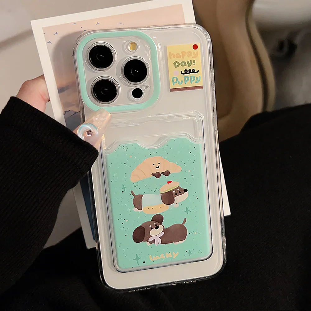 Cartoon Dachshund Dog Splash-ink Insert Card Card Pocket Cover Case For iPhone 16 15 14 13 12 11 Pro Max 7 8 Plus Xs max XR X