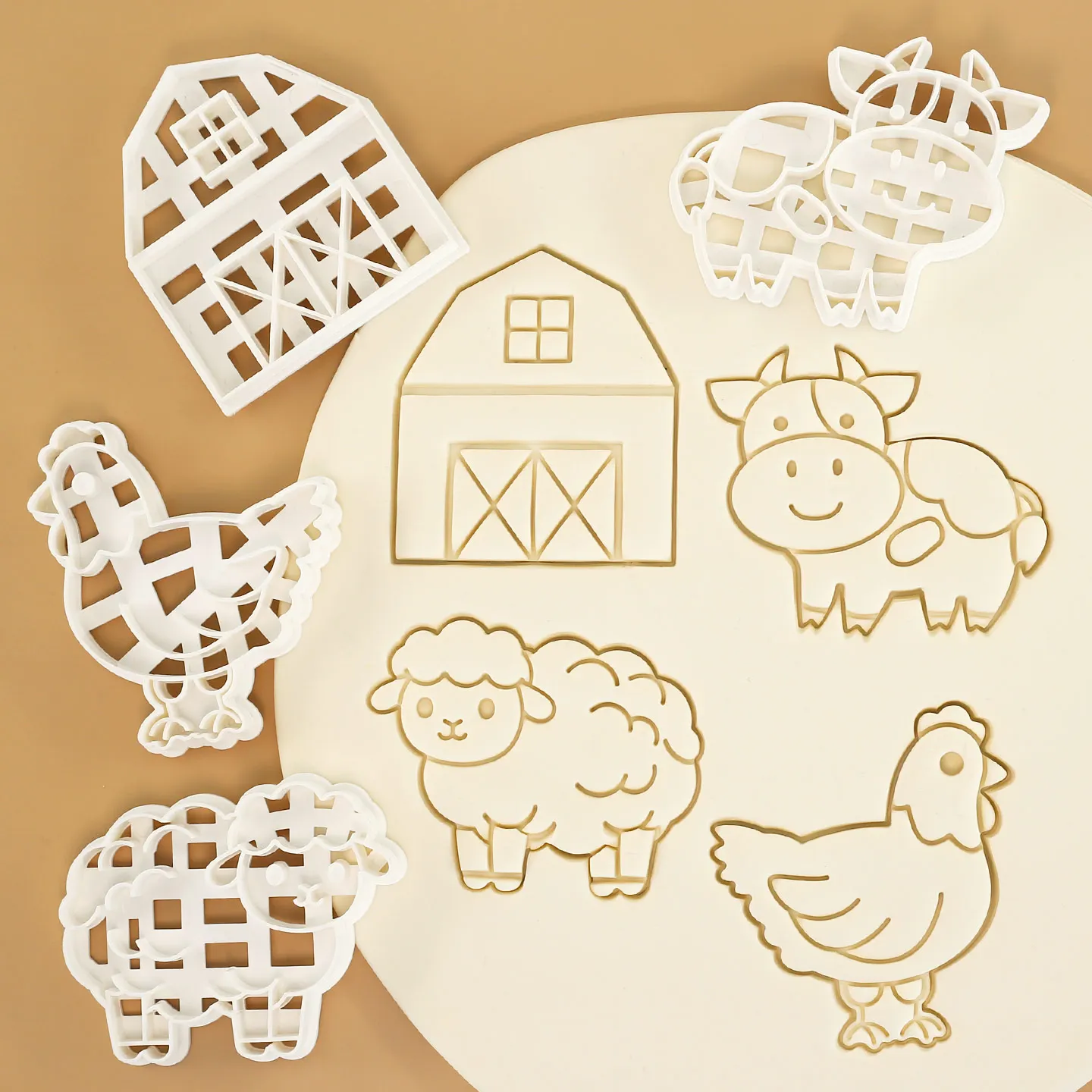 4 Pcs Farm Animal Cookie Cutters Farm Cow, Sheep, Rooster Chicken, Barn Farmhouse Shape Baking Molds for Thanksgiving, Christmas