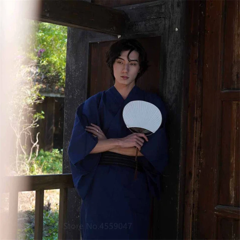 Cotone Kimono giapponese Haori Sleepwear for Samurai Men Haori Yukata Obi abbigliamento Set tradizionale Yukata pigiama camicia da notte Jinbei