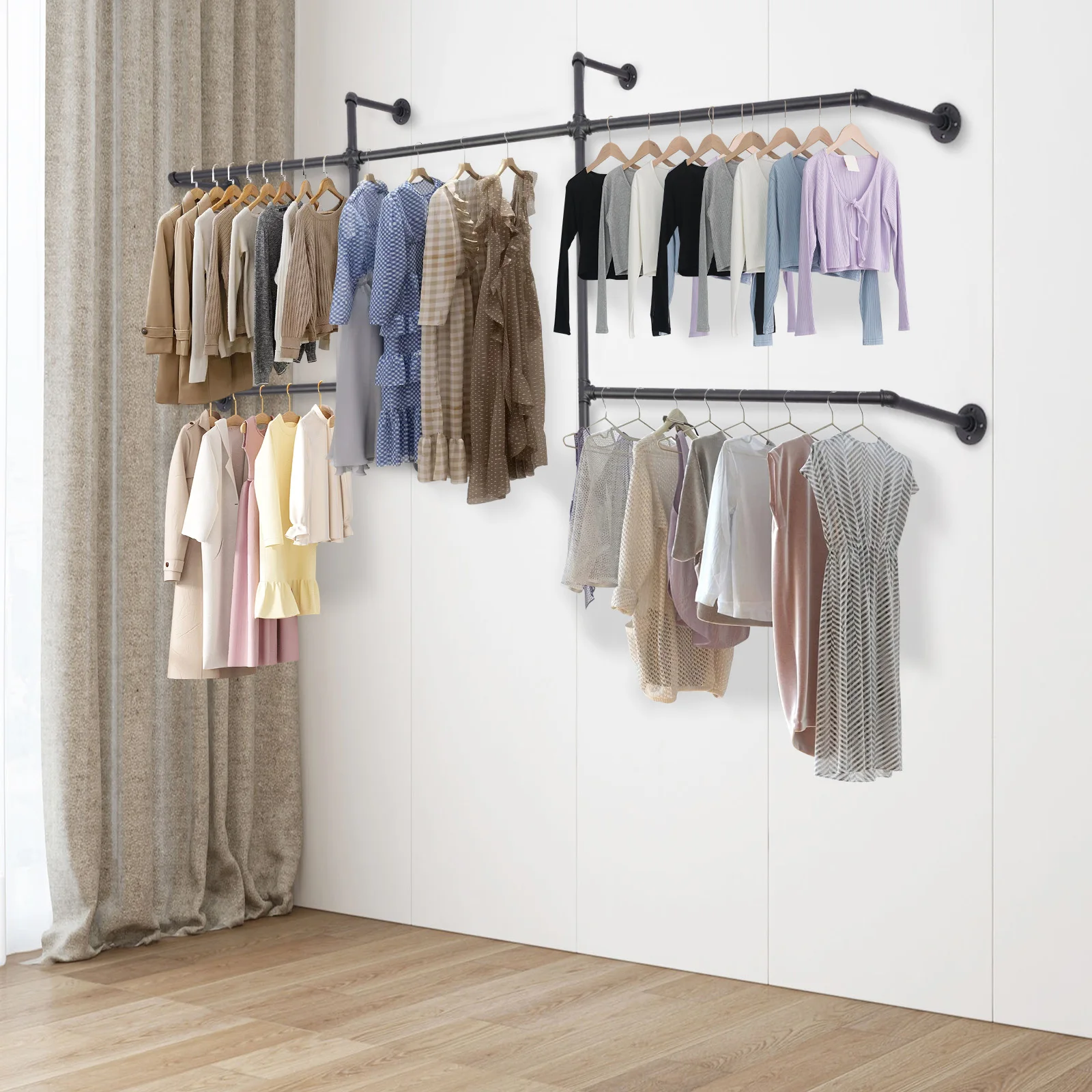 

Черная металлическая настенная вешалка для одежды 210x115 см, 5-секционная, грузоподъемность 400 фунтов