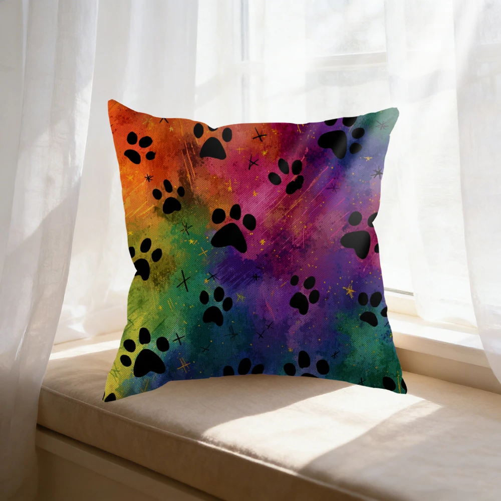 Rainbow Galaxy Black Paw Print Star Cushion Cover Multicolor 45x45cm Sofa Bed Home Decor