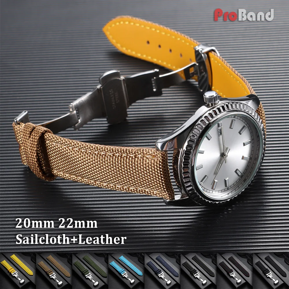 Yellow Black 20mm 22mm Waterproof Nylon Sailcloth Watch Strap Business Leather Watchband Butterfly Buckle Bracelet for Men Women
