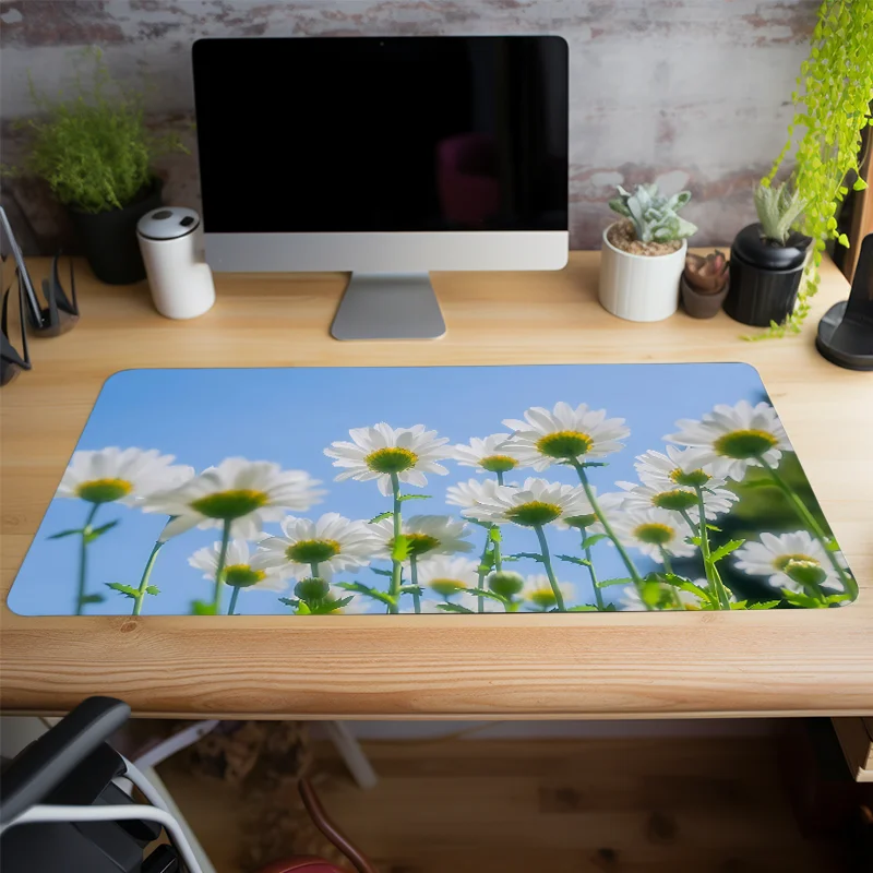 White Daisies Mouse Pad Floral Sky Keyboard Mat Desk Accessories for Office Natural Rubber Stitched Edge Perfect Gift for Girl