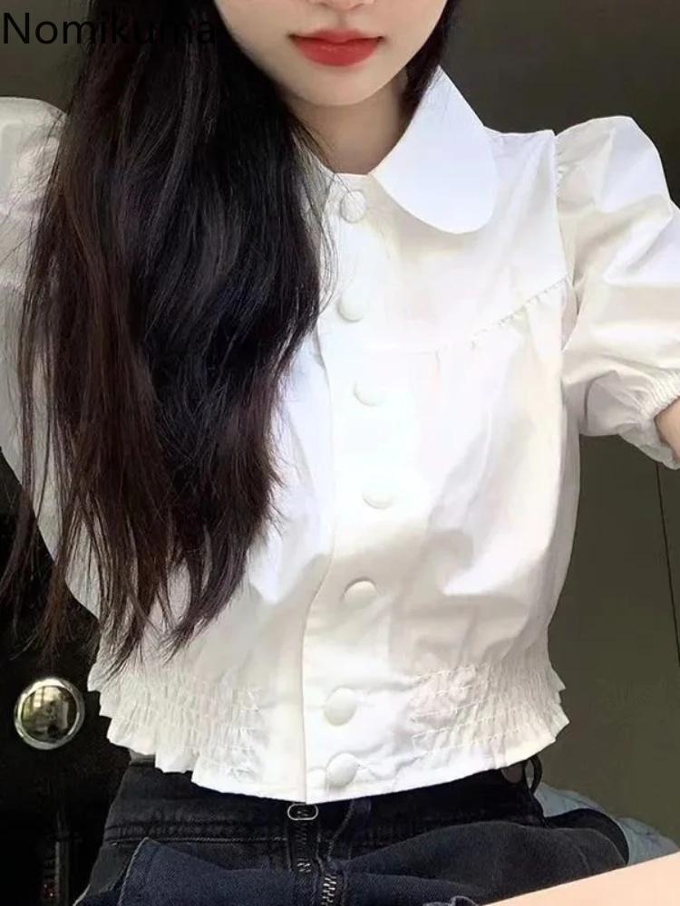 White Crop Tops Korean Blouses for Women Puff Sleeve Single Breasted Tunic Shirts 2024 Blusas Mujer De Moda Summer Sweet Blouse