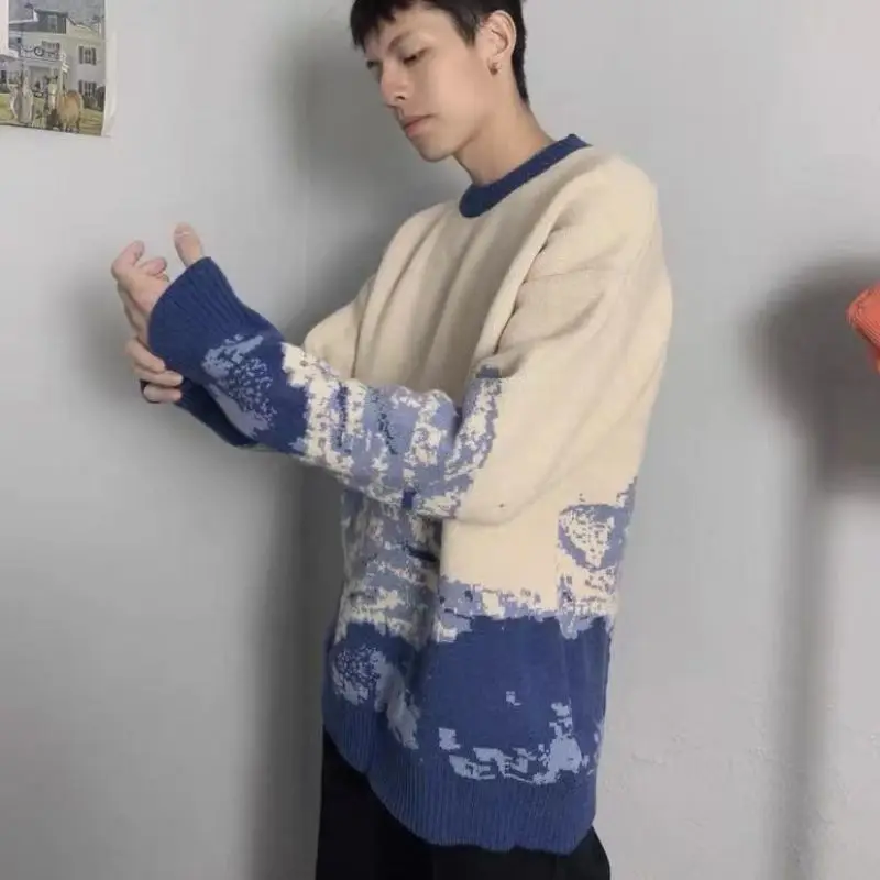 2023 New Design Men Sweaters Spring And Fall Print Loose Laziness Style Japanese Style O-neck Long Sleeve For Boys