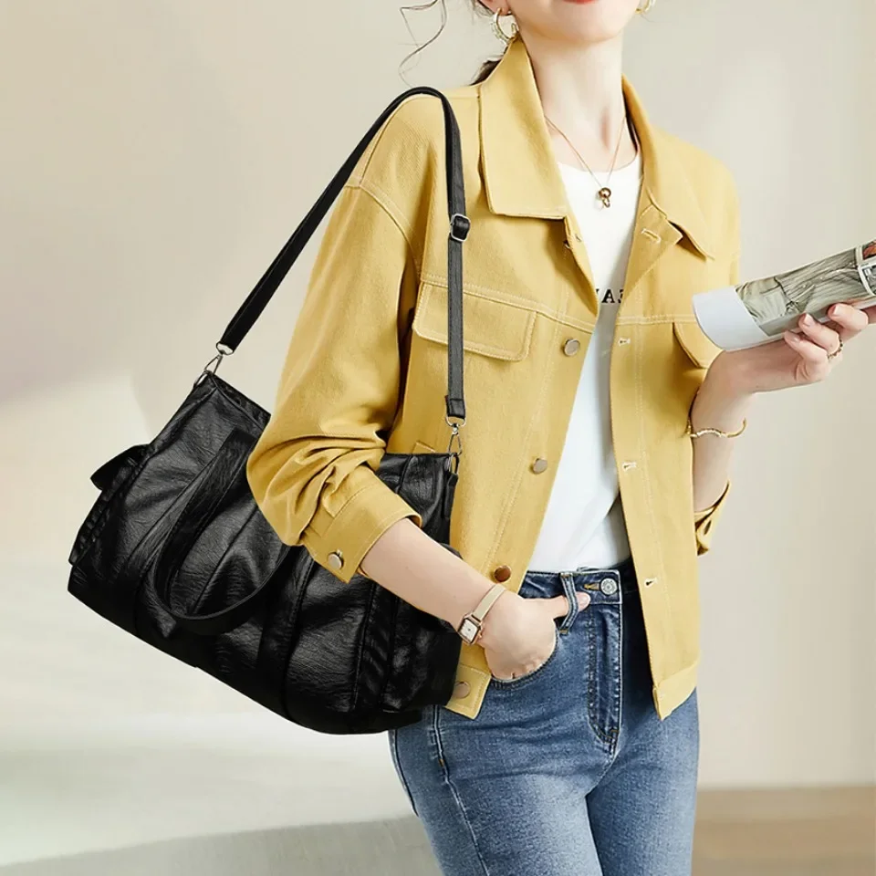 Women's Large Shoulder Bags High Quality Leather Crossbody Bag Ladies Solid Color Handbag Purse Female Messenger Commuter Sac