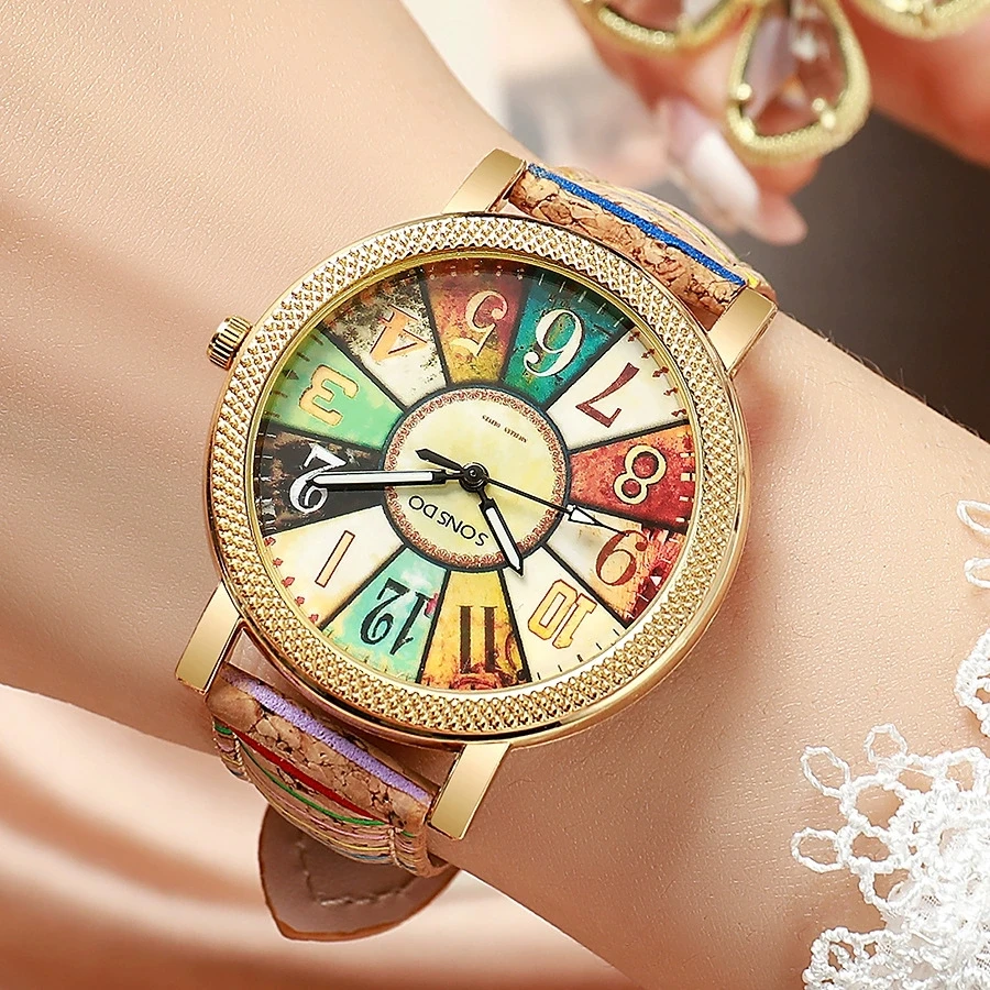 New Fashion Luxury Woman Wood Leather Watch Women Retro Striped Wristwatches Students Casual Quartz Watches Gifts Reloj Mujer