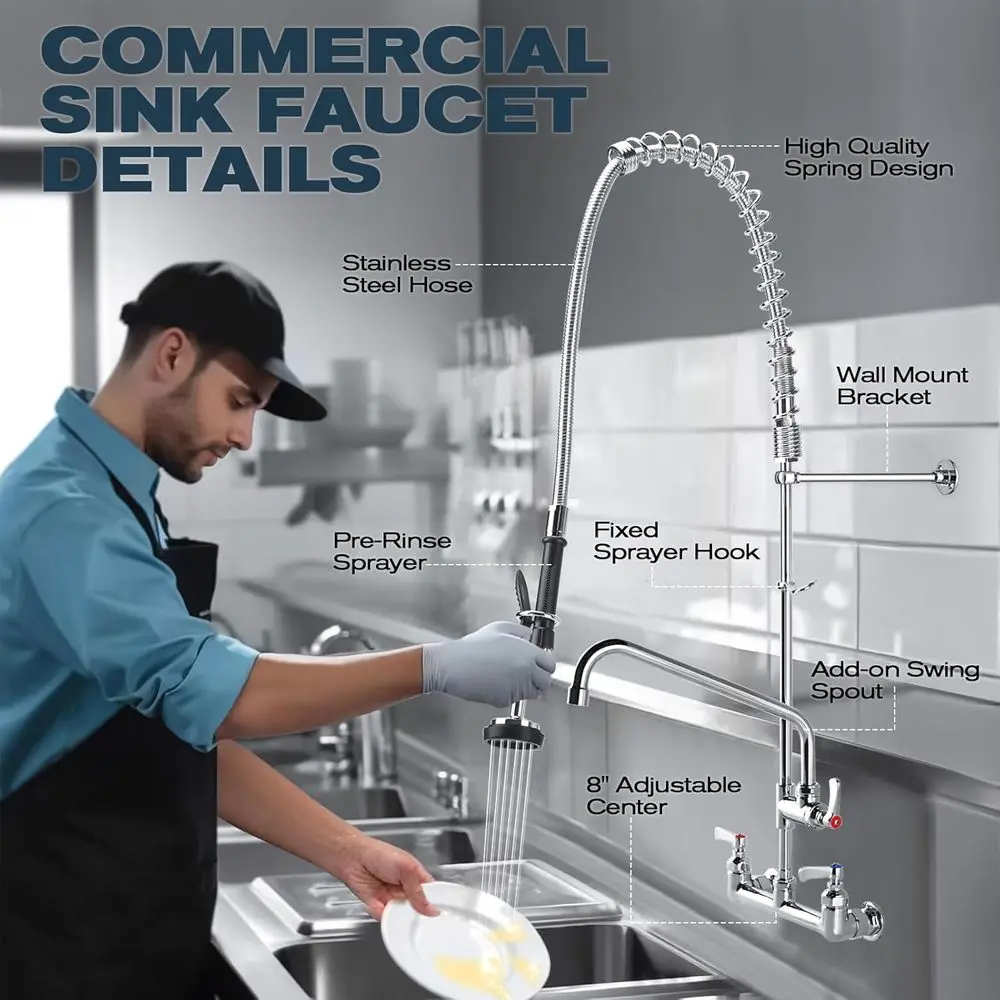 21 Wall-Mounted Commercial Sink Faucet with Pre-Rinse Sprayer, Adjustable Centers, and Pull-Down Spray