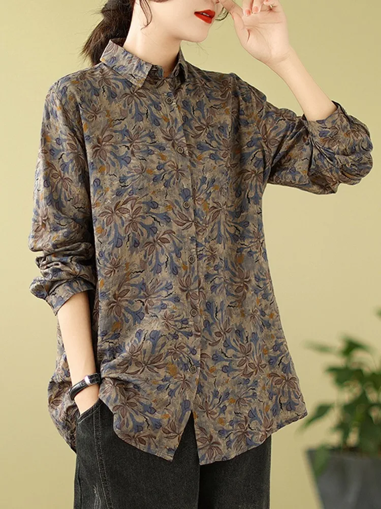 Women Casual Shirt New Arrival 2023 Autumn Vintage Style Floral Print Loose Comfortable Female Cotton Long Sleeve Tops B2986