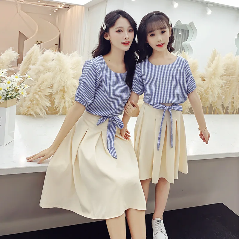 2023 summer new girl Korean version of mother and daughter plaid set parent-child clothing large children skirt set wholesale