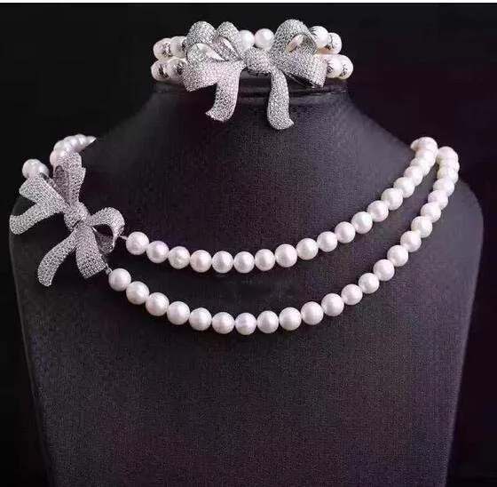 

natural hand woven pearl 8-9mm fresh water with zircon micro inlay Bowknot necklace Bracelet