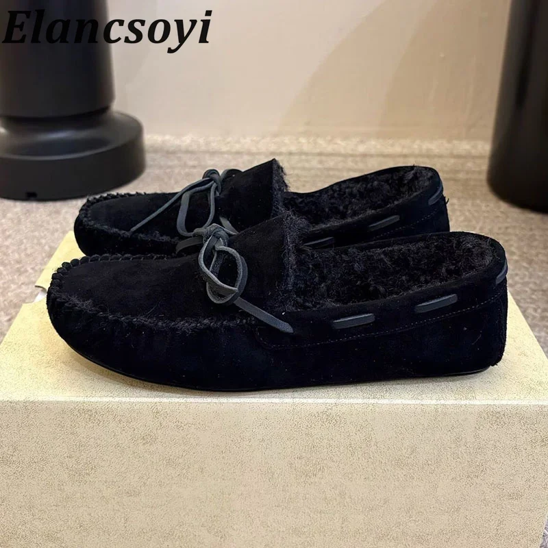 Loafers Round Toe Plush Lining Keep Warm Walking Shoes Women's Cow Suede Thick Bottom Single Shoes Winter Retro Flat Shoes