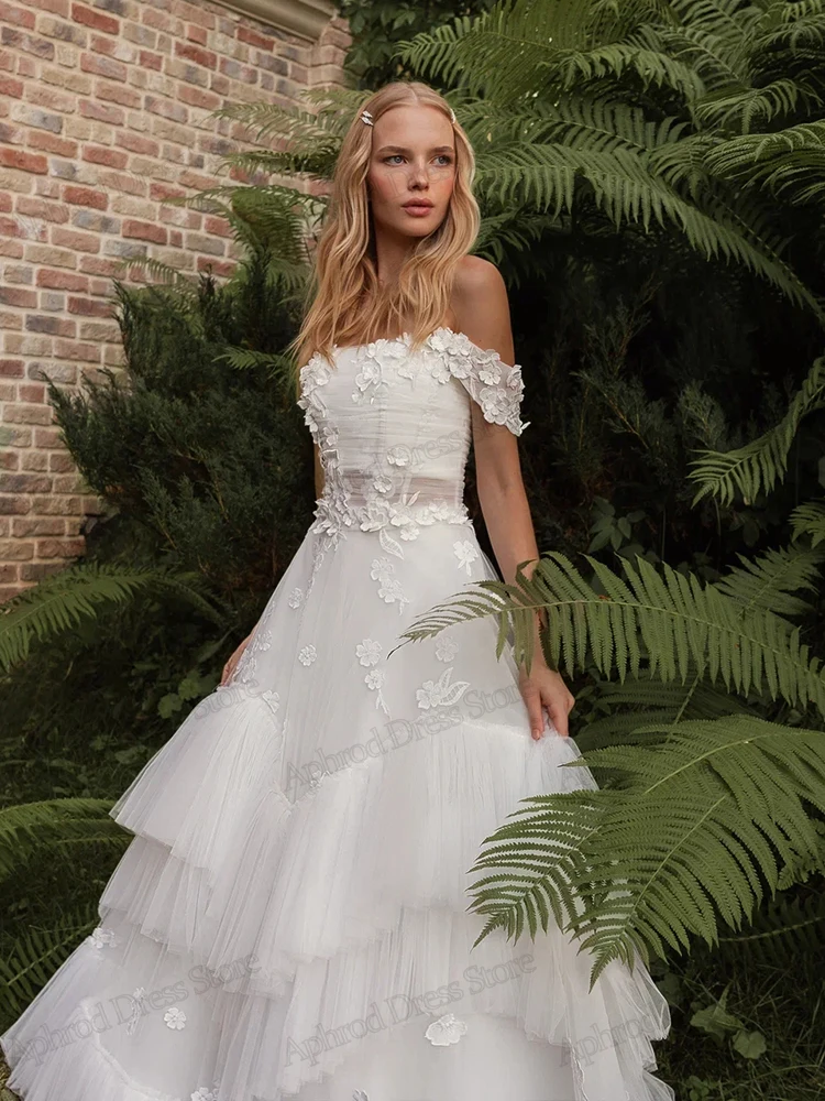 فساتين زفاف رائعة على شكل حرف A زي العرائس تول طبقات رداء دانتيل زينة قبالة الكتف Vestidos De Novia مخصصة 2026 #3