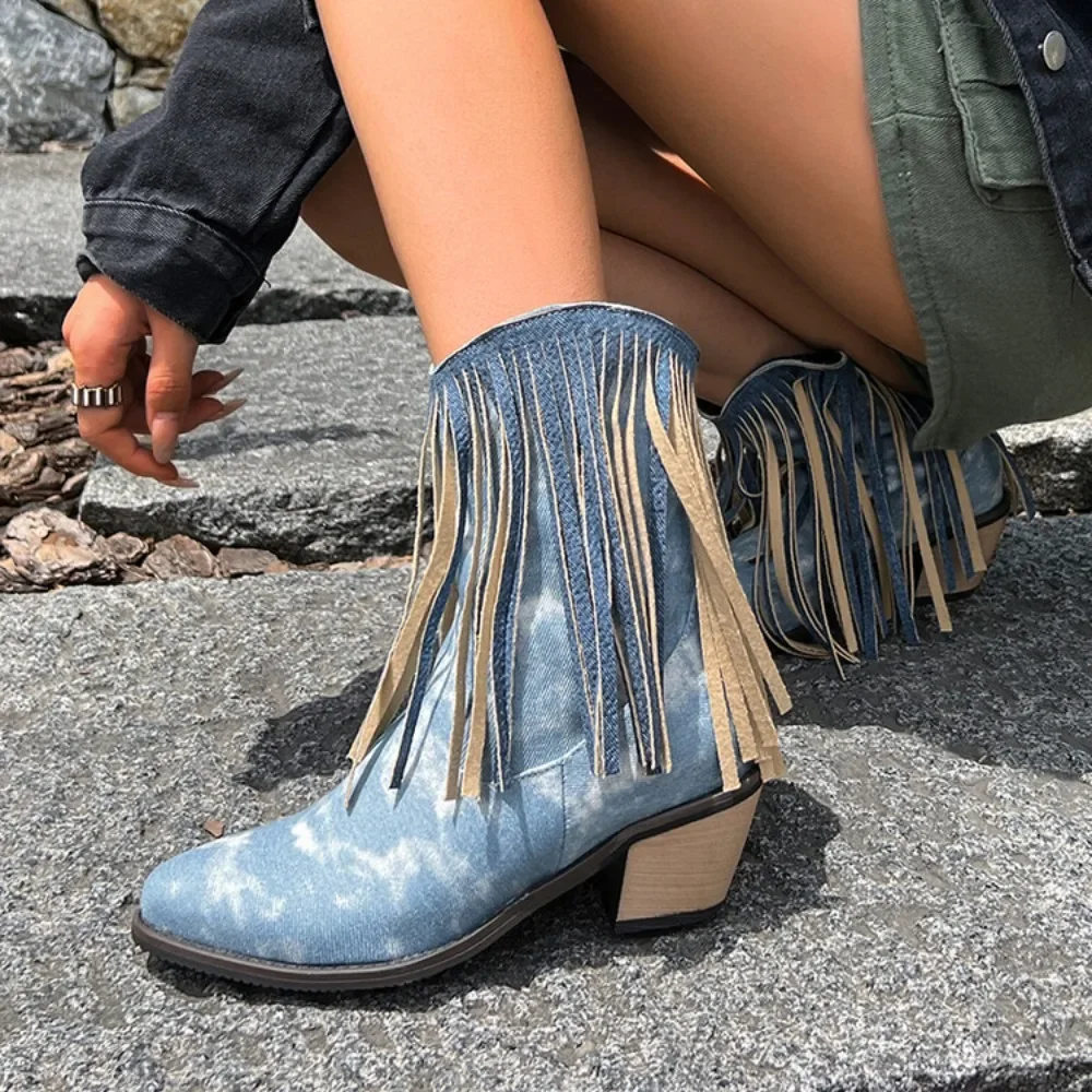 

Womens Pointed Toe Ankle Boots Tassels Denim Jeans Chunky High Heel Chelsea Western Shoes Cowboy New 2023