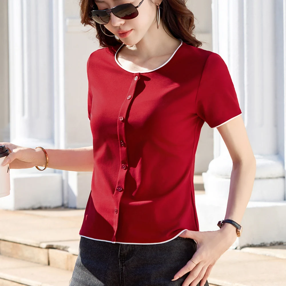 

Женская футболка в европейском стиле, бордовая, с круглым вырезом и короткими рукавами, летняя, новая модная модель, хлопковая, с круглым вырезом, больших размеров, повседневный топ.