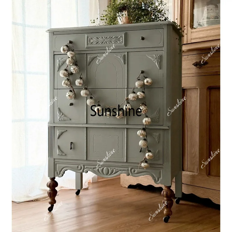 American country solid wood carving flower chest household integrated storage retro bedroom storage