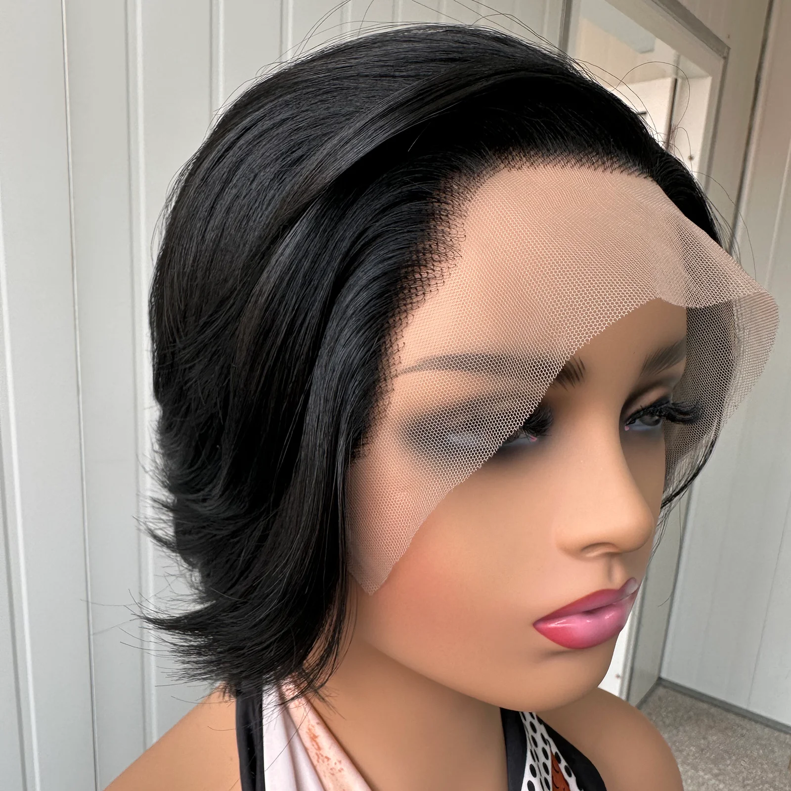 عابث قطع الباروكات للنساء أسود مستقيم بوب شعر مستعار الاصطناعية الشعر الجانب جزء شعري طبيعي قصير متموج 13X4 الدانتيل شعر مستعار أمامي #3