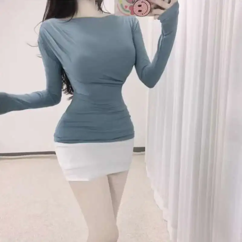 2024 outono/inverno versão coreana nova slash neck manga longa camiseta feminina cinching cintura sólida magro meados de comprimento estilo topo e0l2