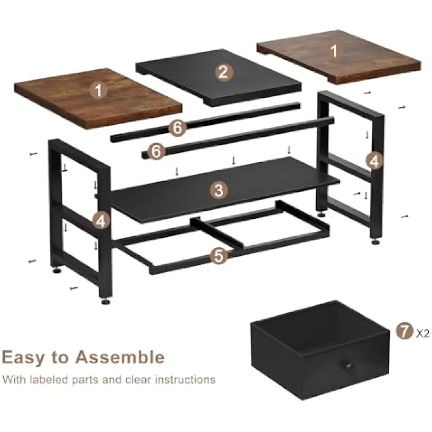 2-Tier Coffee Table with Storage Shelf and 2 Drawers, 46'' Rectangular Center Table Wood Top for Living Room Reception Room, M