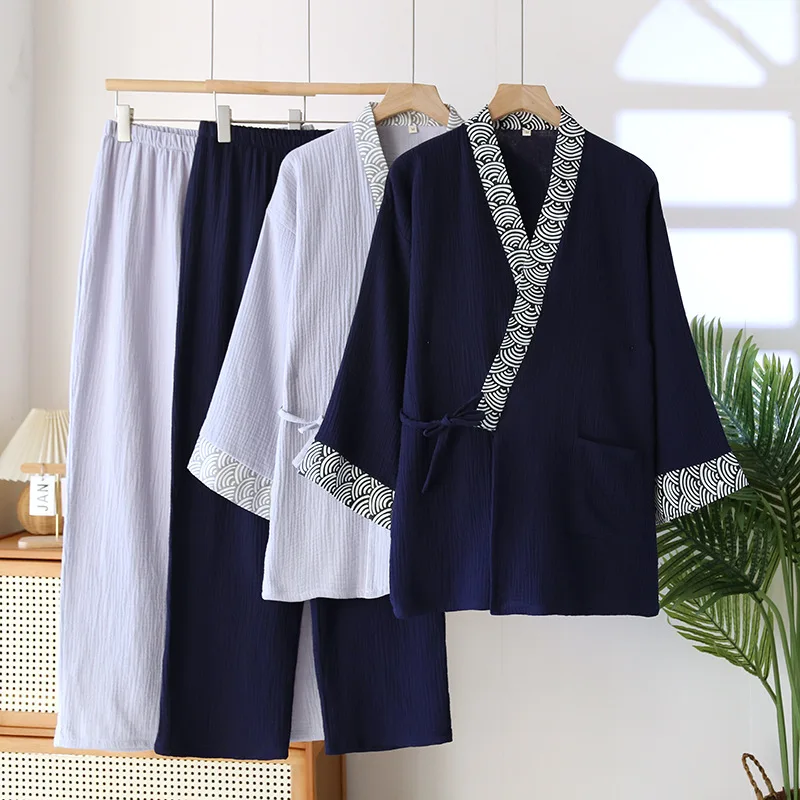 

Ripple Splicing Kimono Robes with Long Trousers 2 Pcs Men's Sleepwear Clothes Thin Style Sweat Steamed Cotton Robe for Men