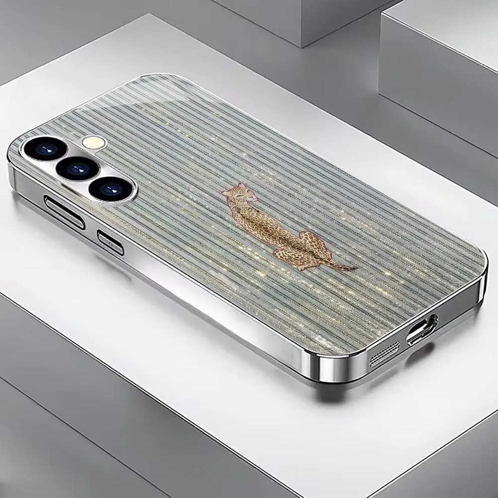 Silver bar leopard Tempered Glass s26 s25 Fashion phone case for Samsung Galaxy S26/S25/S24/S23/S22/S21 FE Ultra Plus Shockproof