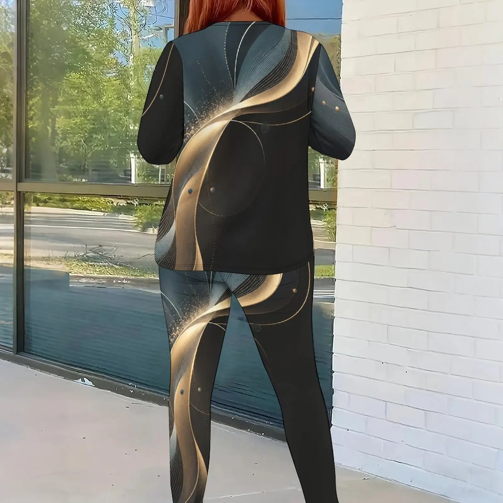Women Abstract Gold Dark Teal Swirl Printed Long Sleeve Top and Fitted Pants Two Piece Set