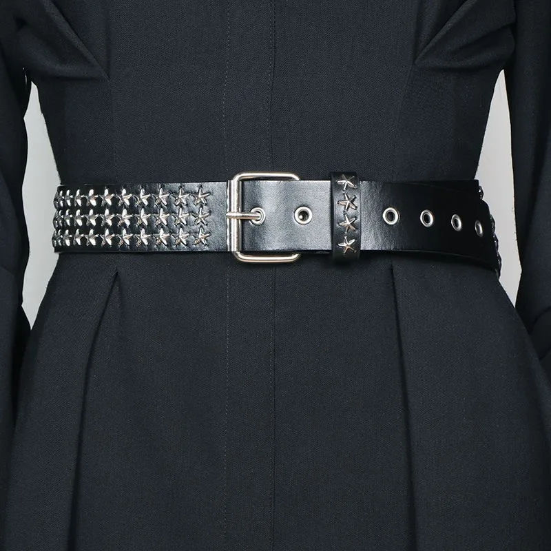European and American-Style Square Bead Stud and Metal Star Leather Belt  Fashionable Commuter Punk-Style Unisex Belt