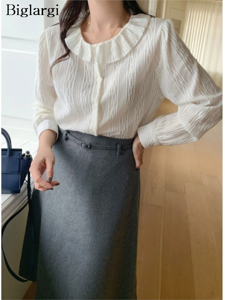 

Spring Ruffle Blouse Women Long Sleeve Elegant Ladies Blouses Tops Korean Style Casual Striped Woman White Blouse