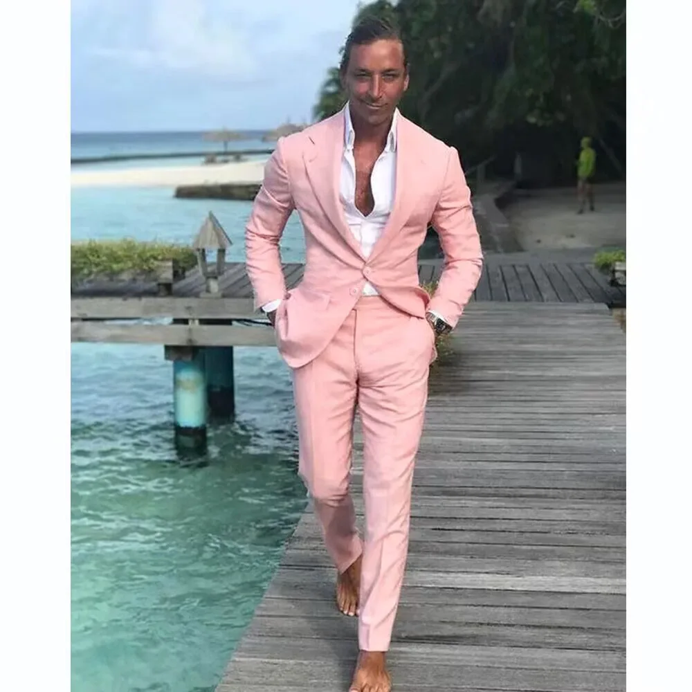 Summer Pink Solid Men Suits (Jacket+Pants) Chic Daily Casual Office Beach Two Piece Fashion Notch Lapel Single Breasted Suits