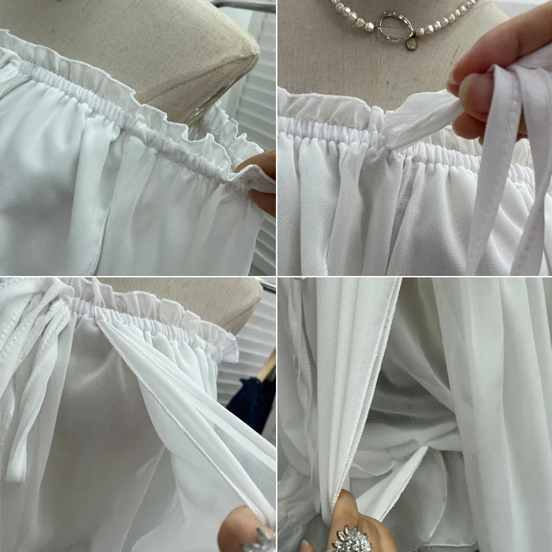 Bluzka damska z szyfonu z odkrytymi ramionami, jesień, wiązana, z długim rękawem, z falbankami, luźna.