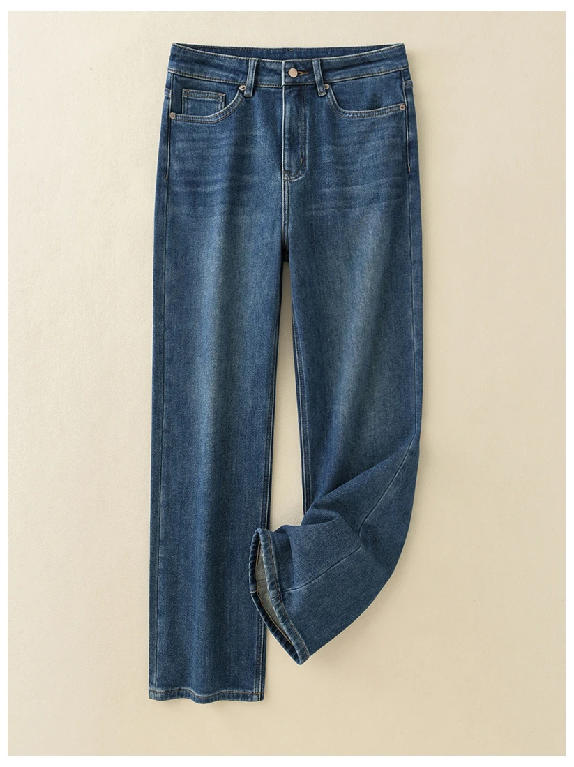 

High Elastici Slimming Jeans Autumn Winter New Sle Fce Warm Straight Leg Pants l Waist Button Closure Blue Denim