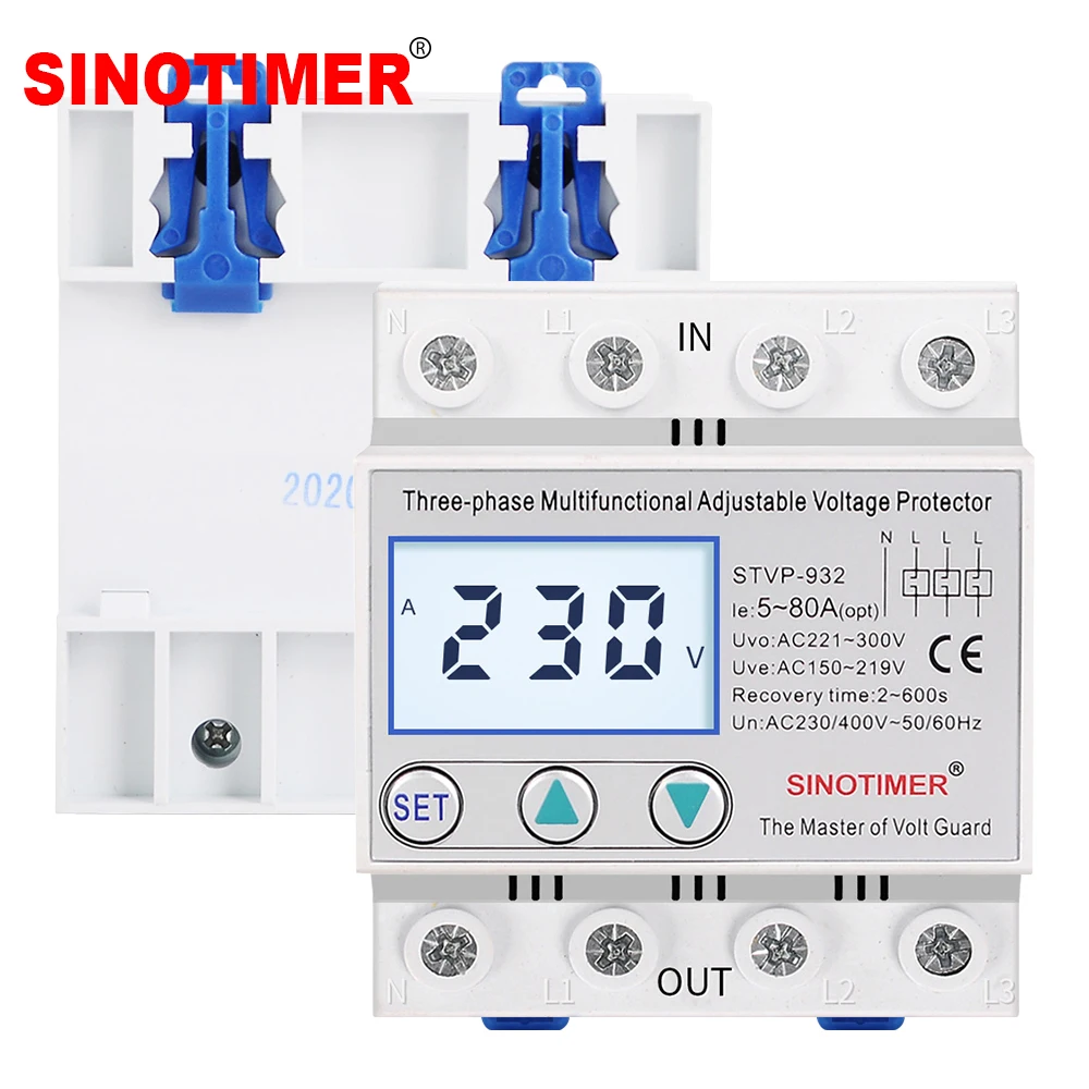 Backlights LCD Display Din Rail Three Phase AC 380V 80A Adjustable Surge Voltage Protector Automatic Recovery Over Under Voltage