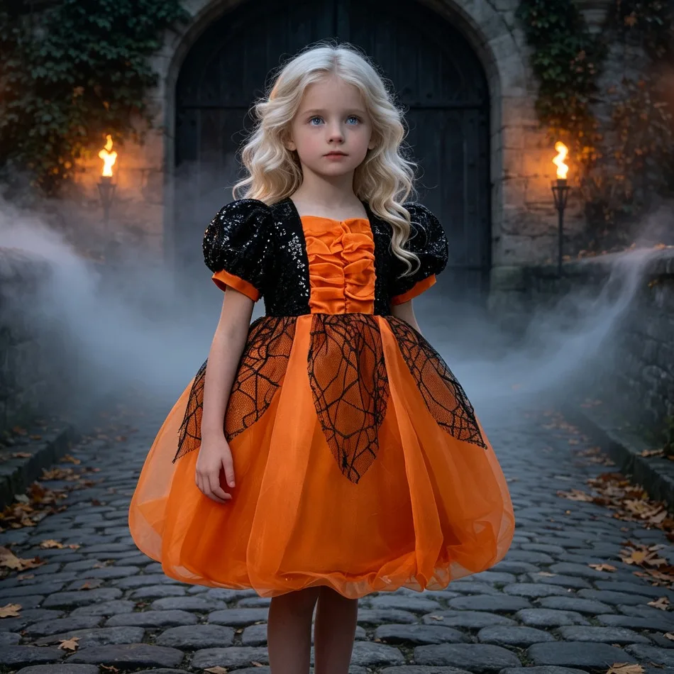 Girls Halloween Puff Sequin Sleeve Dress Kids Spider Web Lace Tulle Tutu Dress Children Black Orange Cosplay Party Costume ASQ03