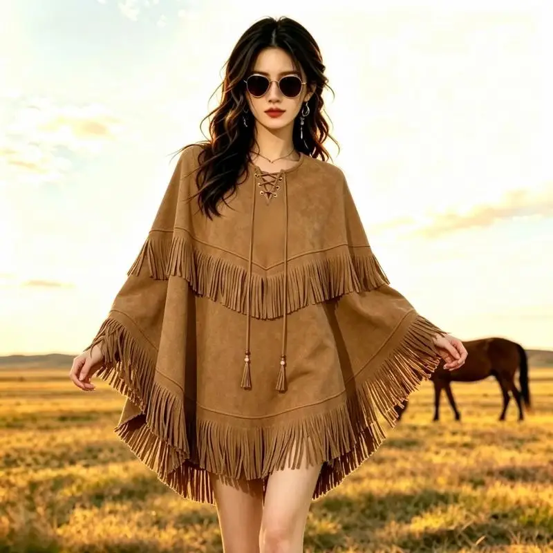 2026 Spring Autumn New Women Fashion Trendy Tassel Big Cloak Cloak Tops Unique Loose Cross Border Hot Selling Halloween Costume