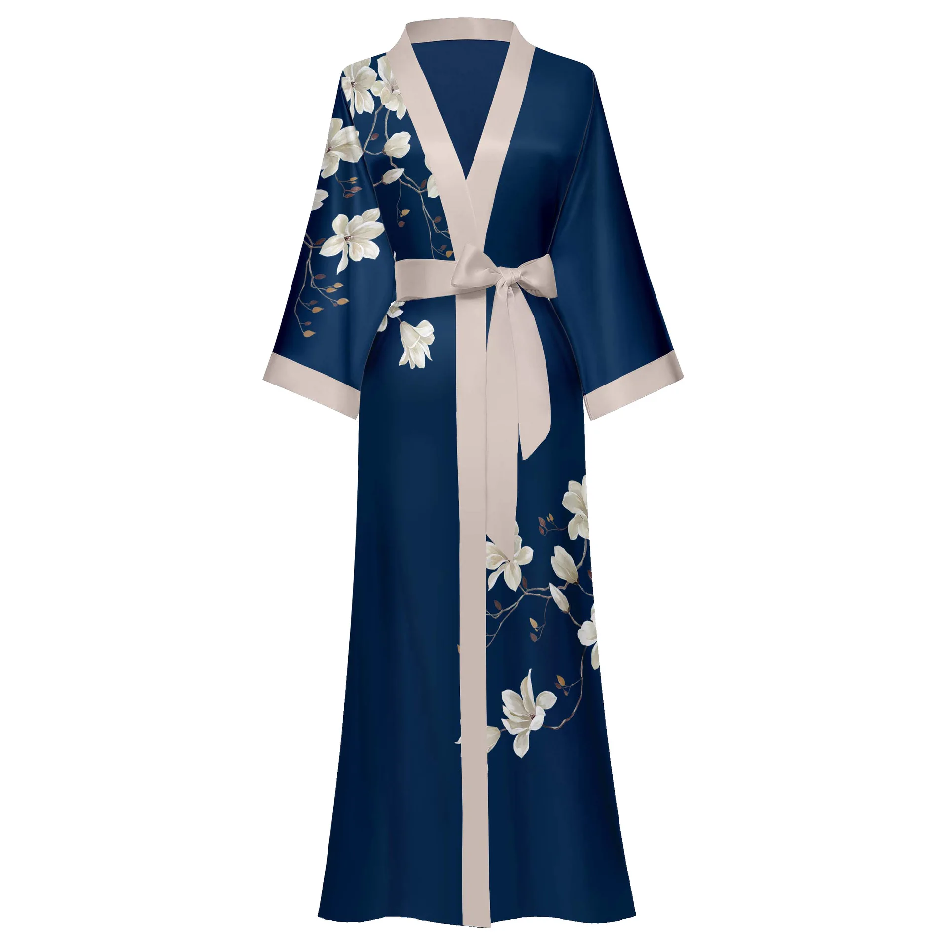 2026 European and American new satin large size spring and autumn thin long-sleeved long nightgown loungewear