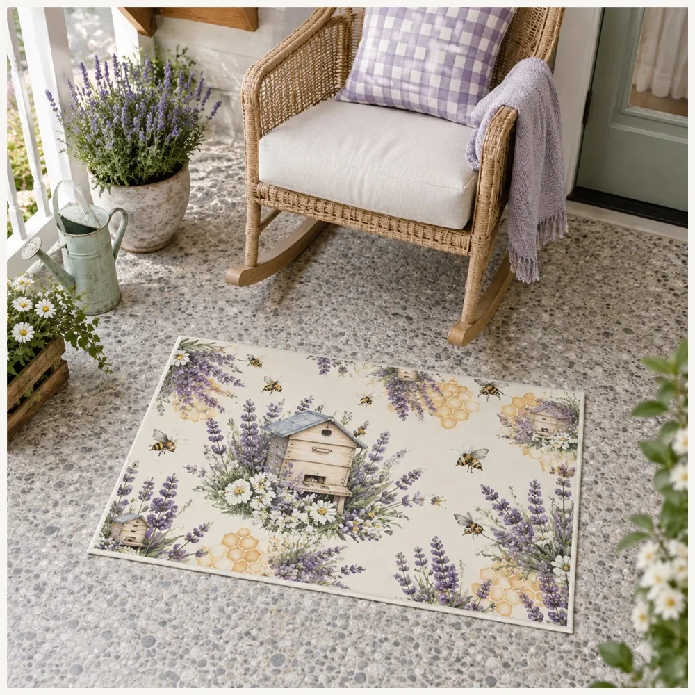 VIKAMA Bee Hive Door Mat, Soft Non Slip Flannel Rug, English Country Floor Mat for Kitchen, Utility Room, Living Room