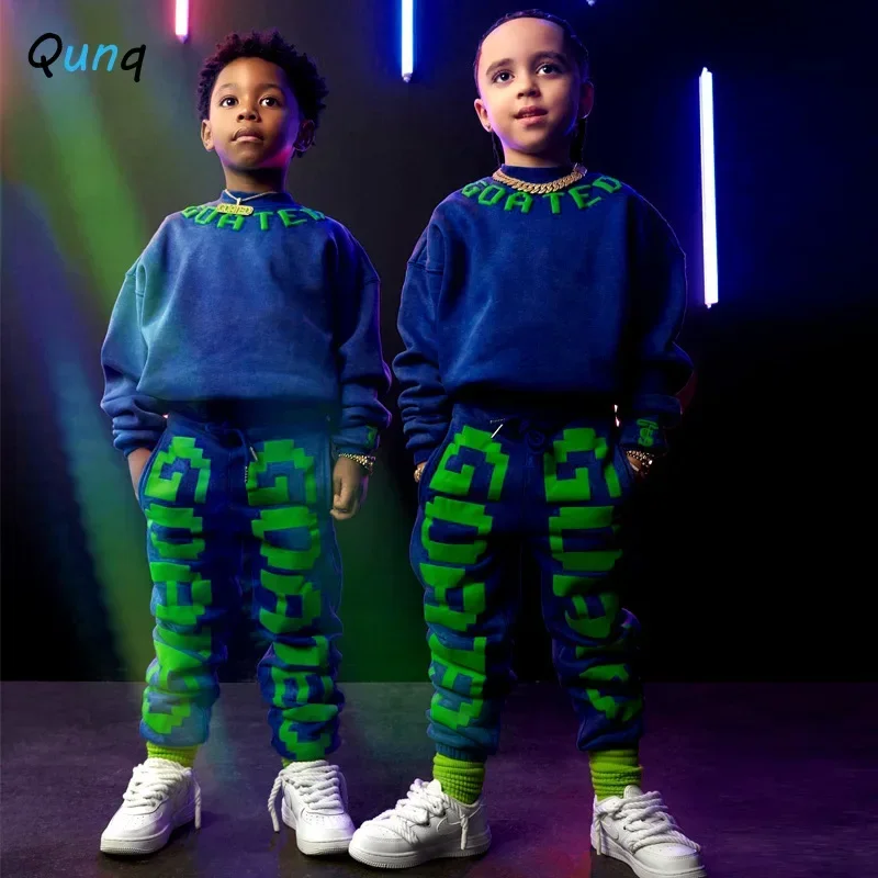 Qunq 2023 Autumn Winter New Girls Boys Long Sleeve Print Pullover Top + Pants 2 Pieces Set Sporty Casual Kids Clothes Age 3T-8T