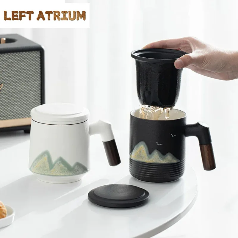 

400ml Japanese Hand Painted Distant Hills Coarse Pottery Mug With Handle Filter Lid Coffee Cup Home Porcelain Cup Office Tea Mug