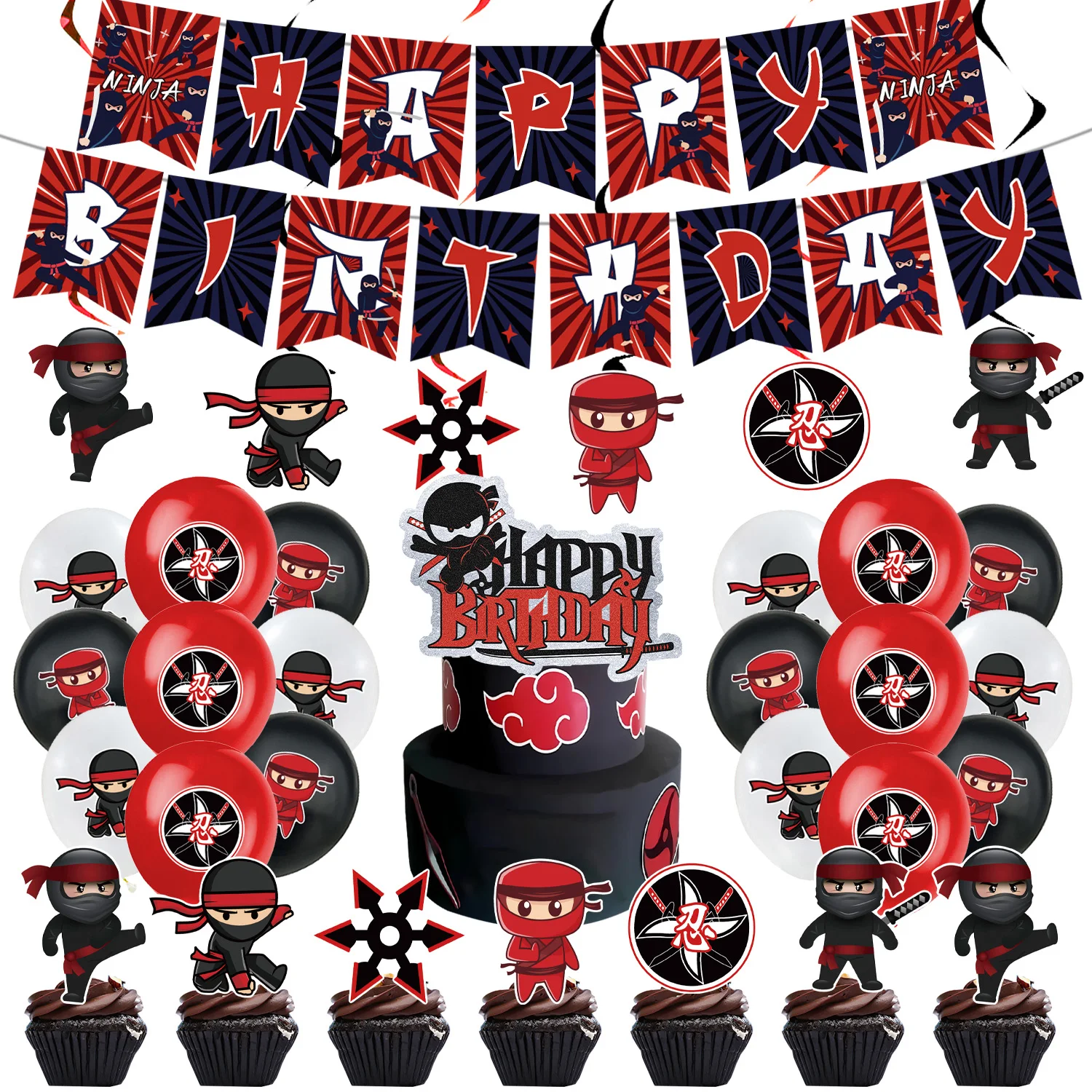 Cartoon Ninja Party Birthday Decorations Paper Tableware Plate Cup Tablecloth Ballons Kids Banner Cake Toppers Party Supplies