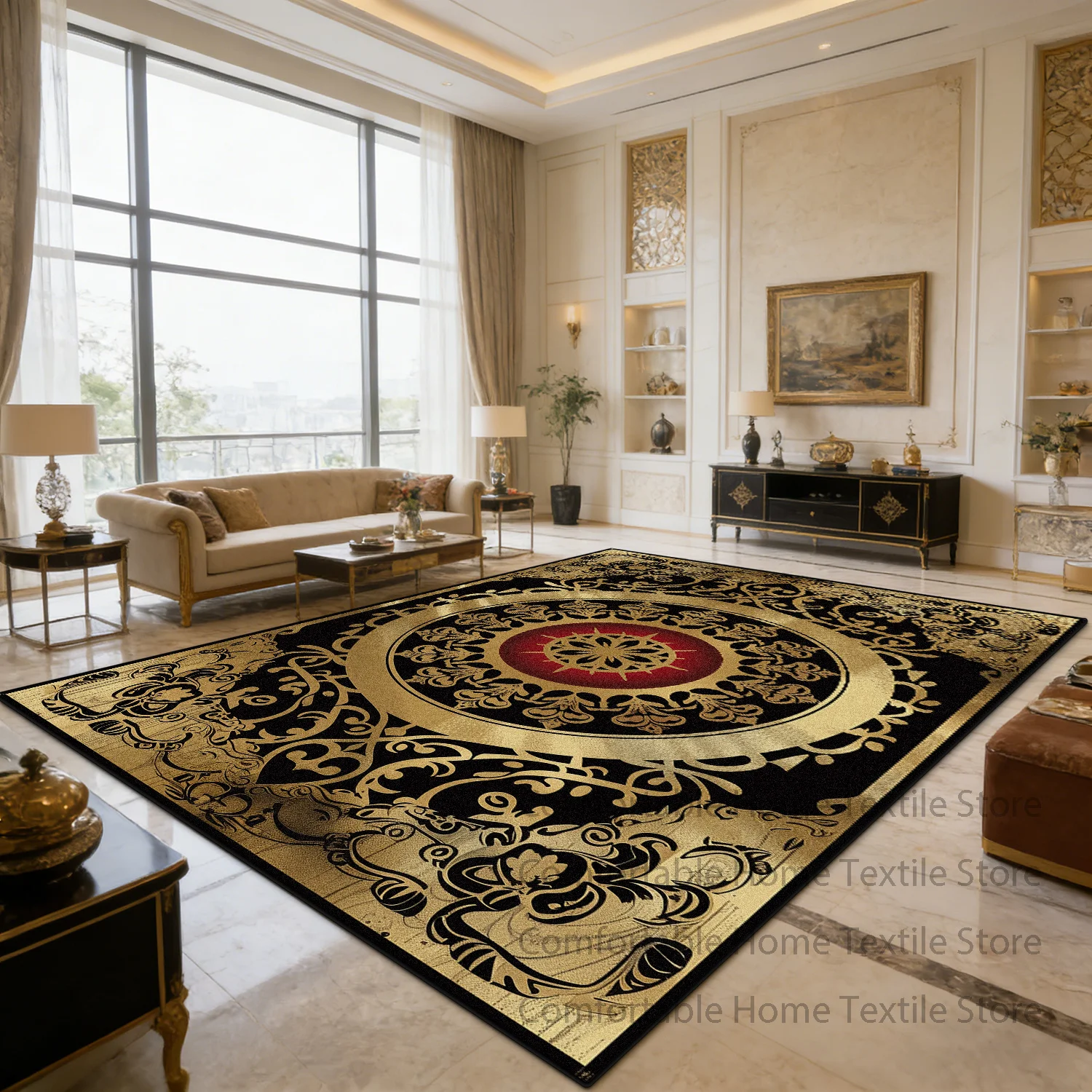 Golden Light Luxury Palace Style Large Living Room Rug Decoration Home Non-slip Carpet Washable Short Velvet Coffee Tables Mats