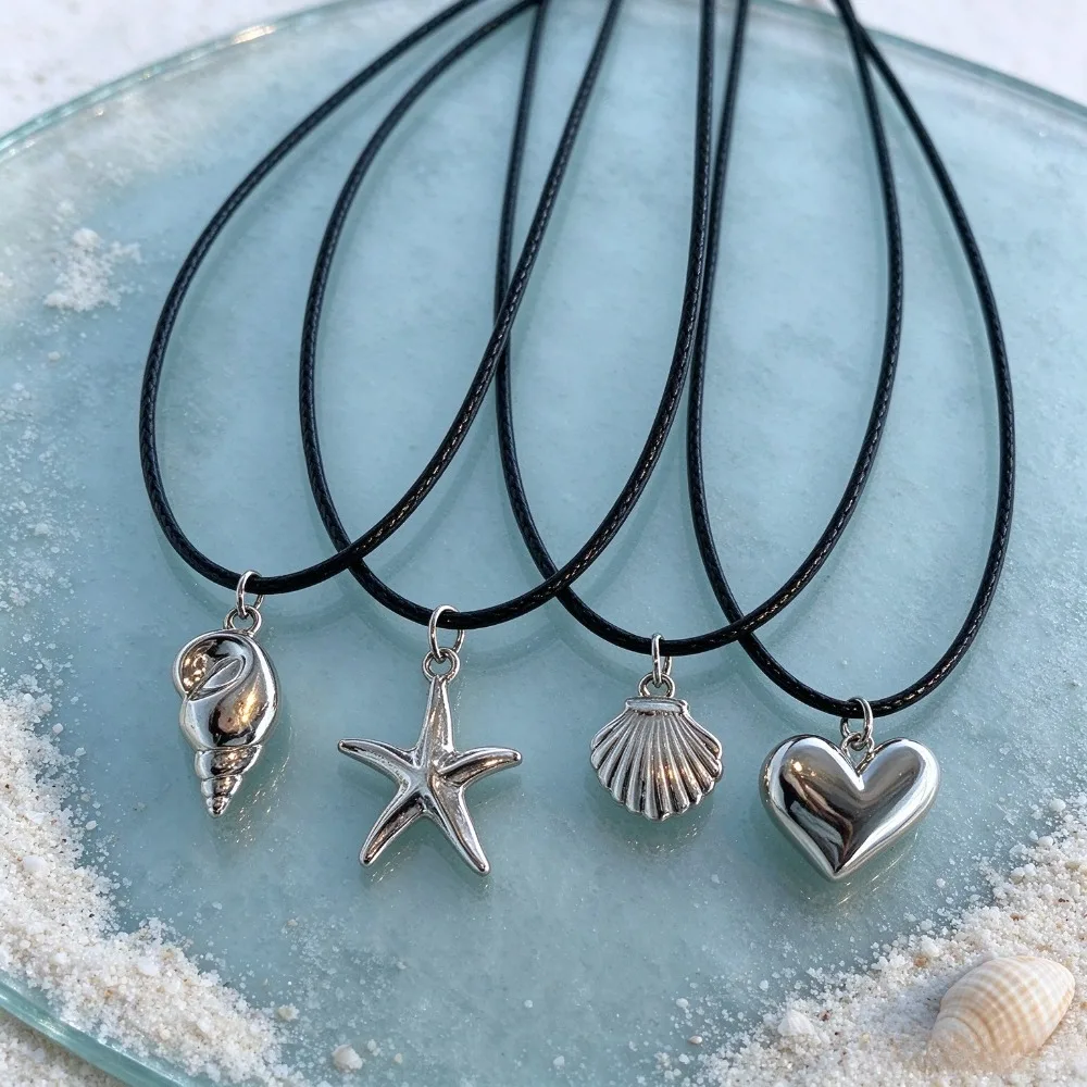 4 Pcs Black Wax Cord Metal Necklace Series Starfish Conch Shell Heart Pendant Trendy Summer Beach Daily Wear Women Jewelry C+
