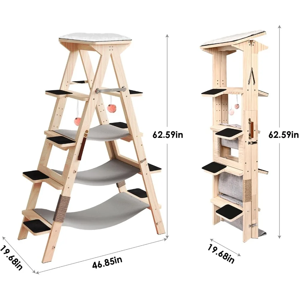 5.3 Fts Height Cat Climber 5 Tiers Cat Climbing Shelves with Hammocks - Multi-cat Family Gospel, Luxury Cat Climbing Tree for Ca