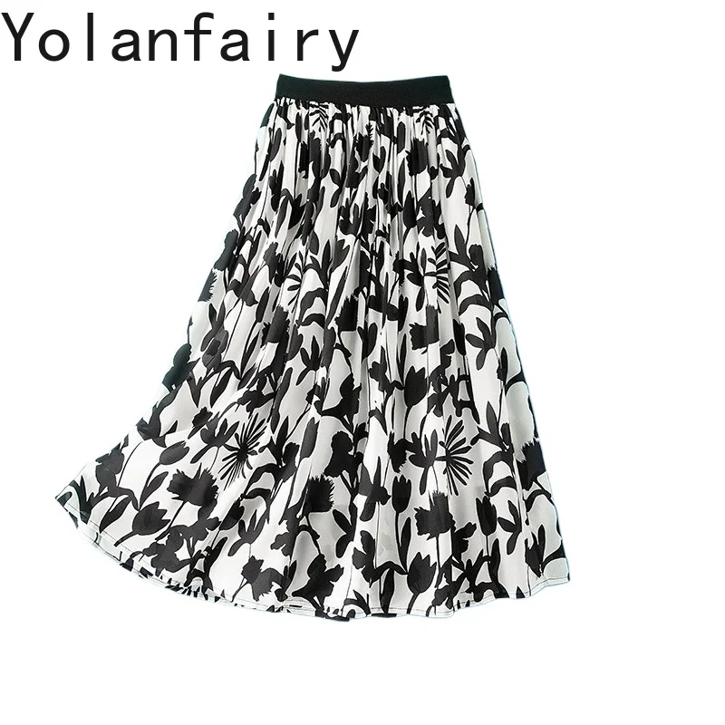 YOLANFAIRY 92% Real Mulberry Silk Skirts Woman 2026 Summer Fashion High Waist Skirt Women's Clothes Elegant A-line Skirts Female