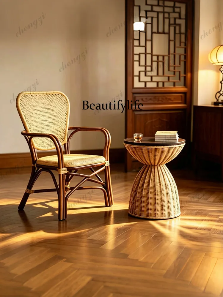 Full rattan woven corner few solid wood round countertop sofa side table living room casual small coffee table