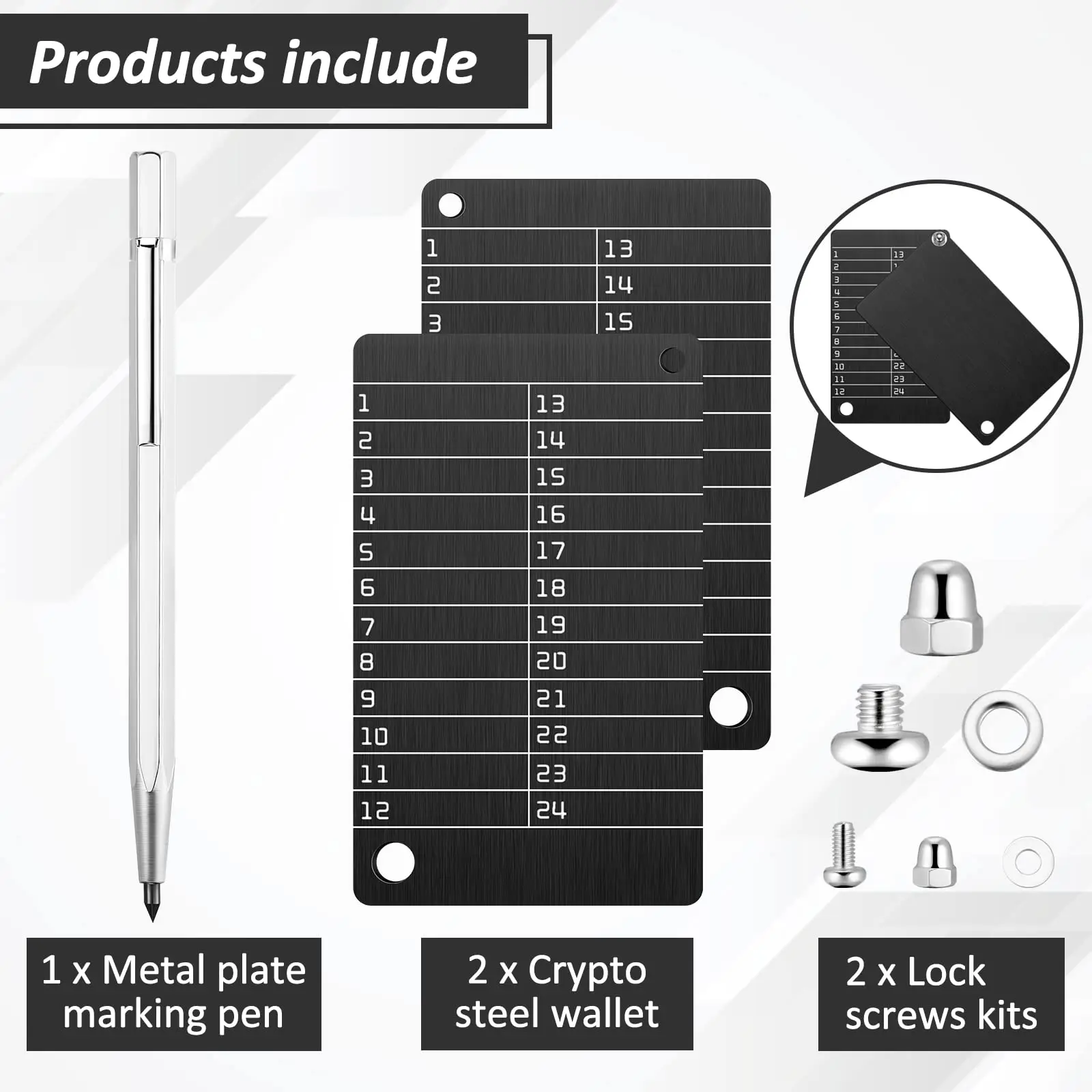 A set of stainless steel cryptocurrency wallets for hardware cold backup seed storage, suitable for Bitcoin, compatible with Bip