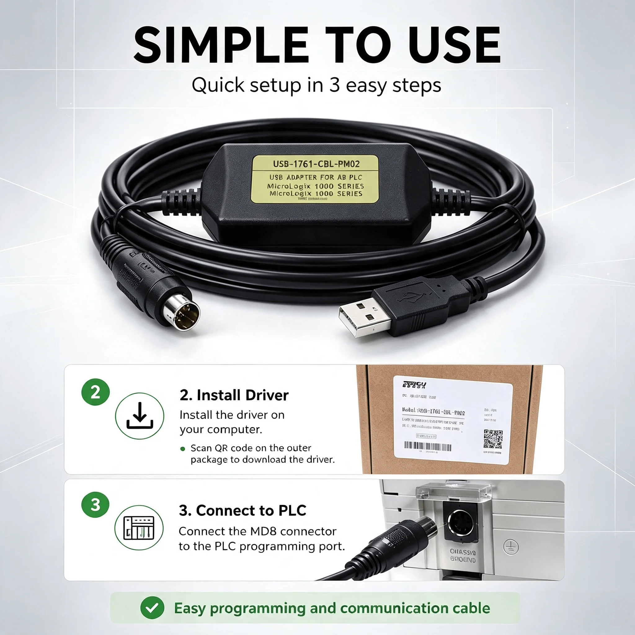 USB-1761-CBL-PM02 USB to MD8 PLC Programming Cable for AB MicroLogix 1000 1200 1400, CH340 Data Communication Adapter, 3m