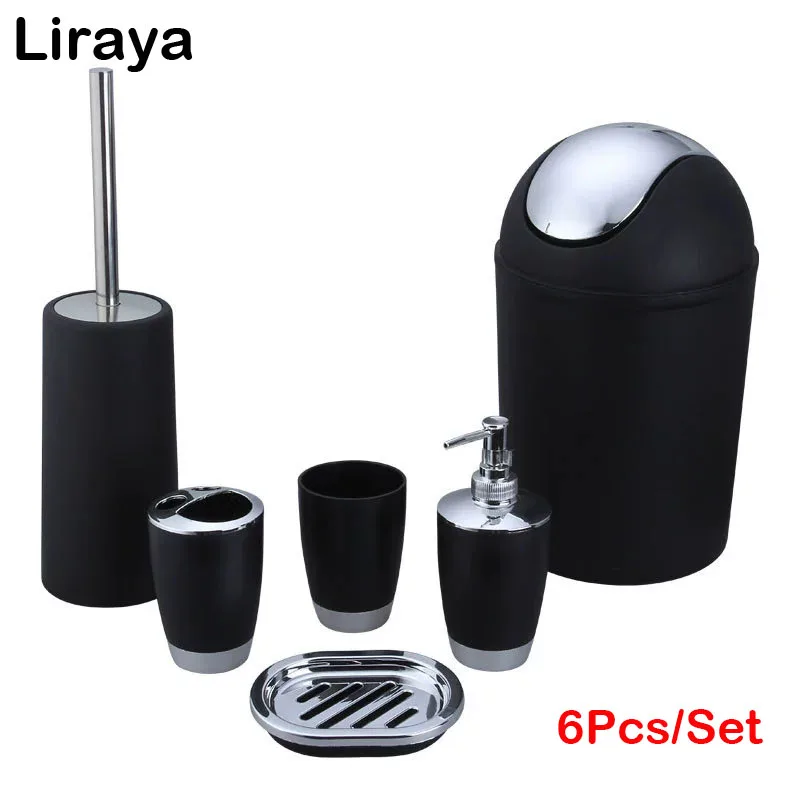 

6Pcs/Set Soap Dispenser Box Toilet Brush Lotion Bottle Trash Can Bamboo Plastic Bathroom Storage Set Toothbrush Cup Holder