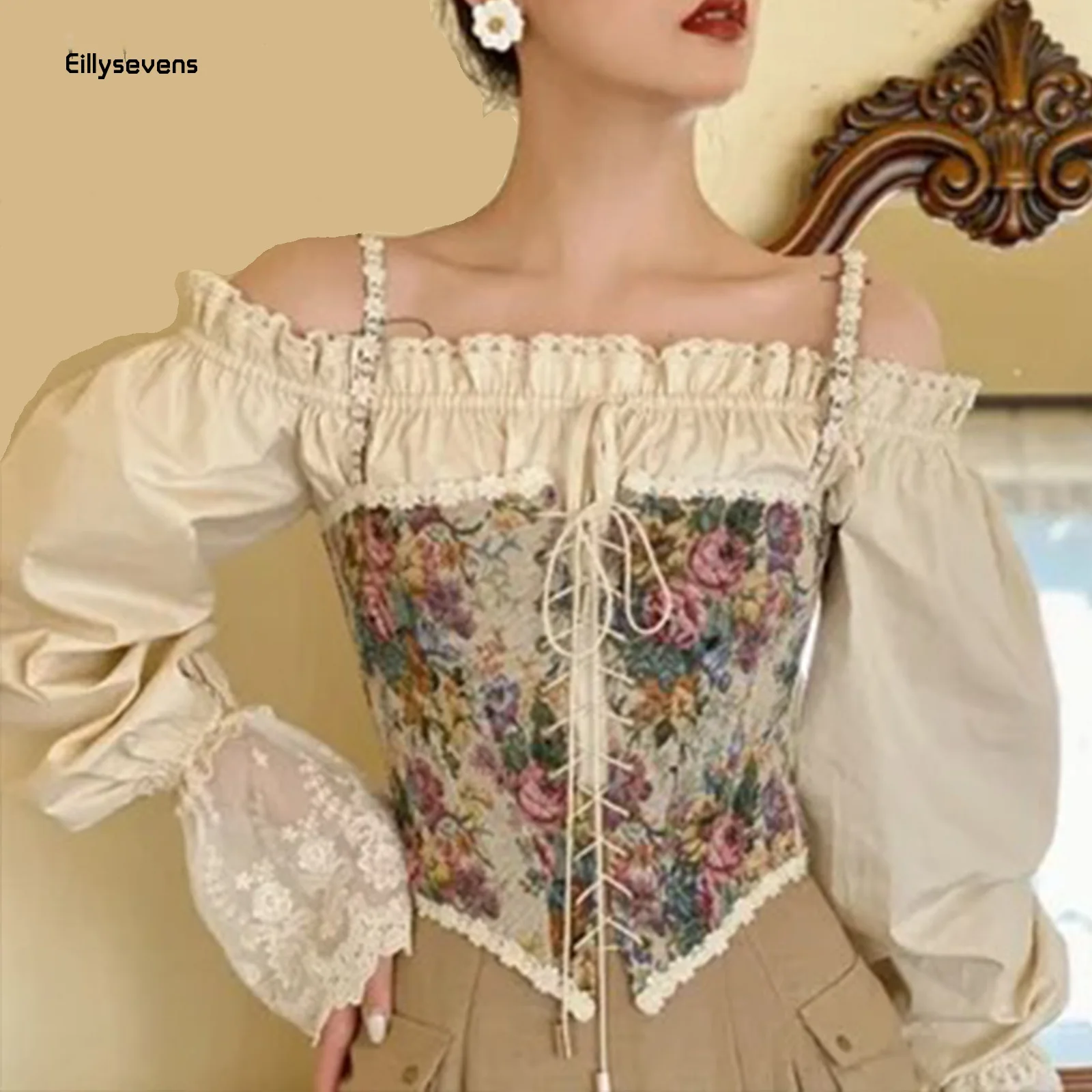 Y2k Women Elegant Vintage Print Halter Tops Chic Bandage Floral Corset Shirts French Gothic Fashion Jacquard Overbust Corselet