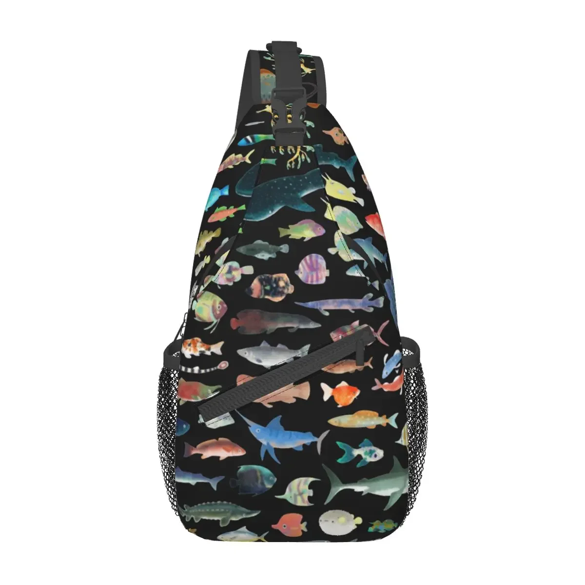 

One Hundred Fish Ocean Life Small Sling Bag Chest Crossbody Shoulder Backpack Hiking Travel Daypack Scuba Printed Satchel